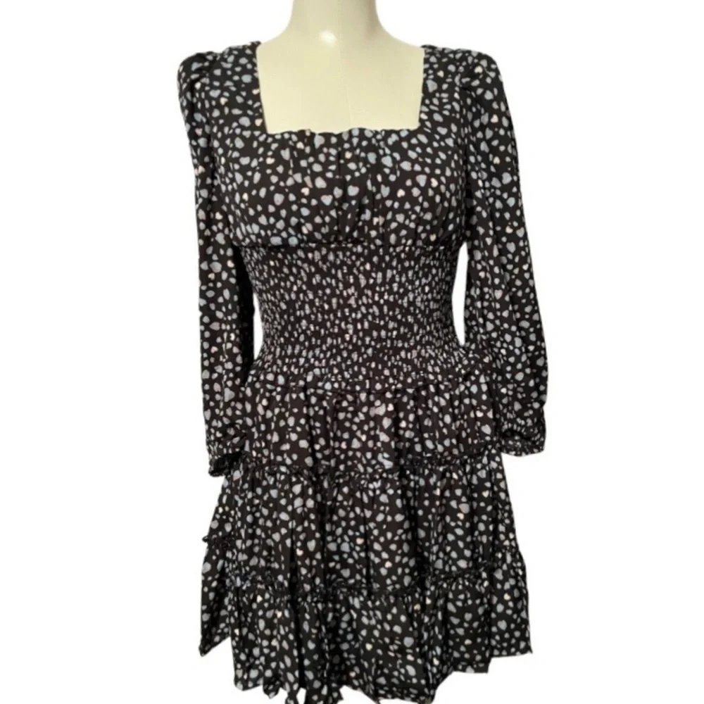 Cottagecore puff sleeve tiered tiny hearts leopard print smocked waist dress S, - Picture 6 of 6